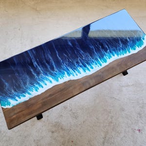 Epoxy Resin Ocean Wave Side Table: Beach Themed Wood End Table