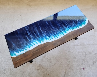 Epoxy Resin Ocean Wave Side Table: Beach Themed Wood End Table