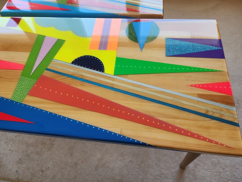 Abstracted Table Handmade Wooden Side Tables, Colorful Neon Abstract Resin Art (set of 2 ...