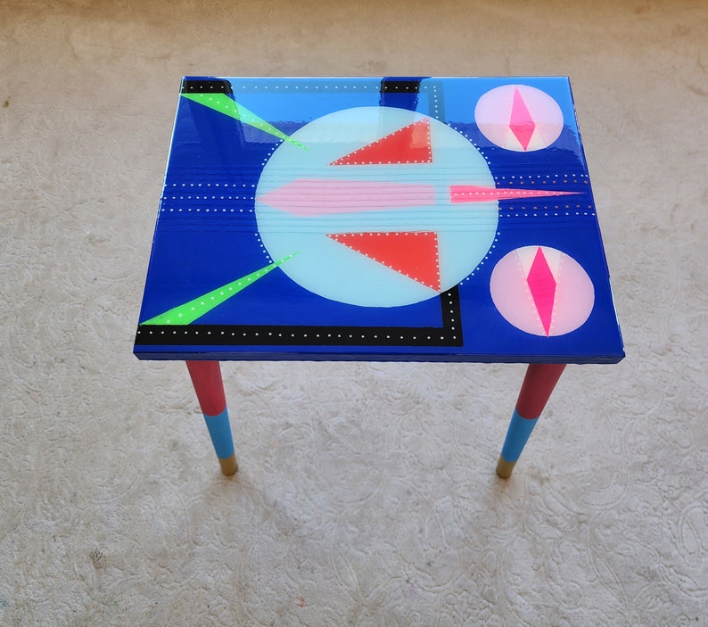 Unusual Blue Wooden Retro Epoxy Resin Side Coffee Table,Colorful Funky Eclectic Rainbow Abstract Pop Art Hand Painted Pink End Sofa Table image 1