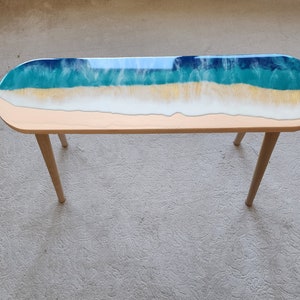 Oval Epoxy Resin Ocean Waves Side Coffee Table, Natural Beach House Decor Blue Coastal Nautical Sea Themed Entryway Bedside Bedroom Table image 4