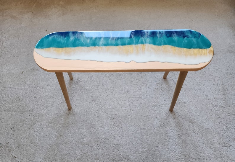 Oval Epoxy Resin Ocean Waves Side Coffee Table, Natural Beach House Decor Blue Coastal Nautical Sea Themed Entryway Bedside Bedroom Table image 4