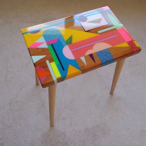 Wooden Resin Boho Side Funky Coffee Table, Modern Handmade Cool Bedside Living Room Entryway End Sofa Middle Colorful Abstract Small Table image 2