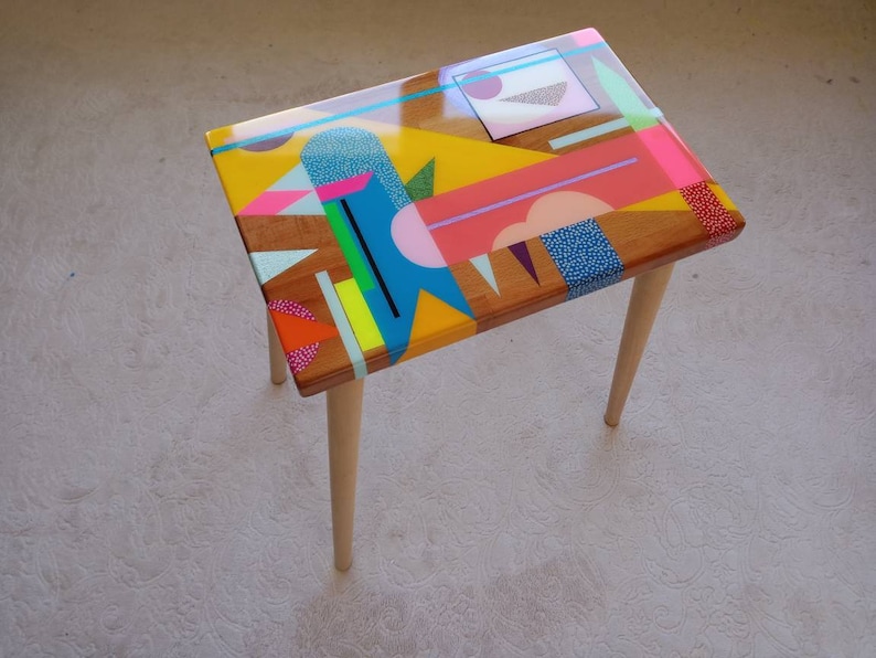 Wooden Resin Boho Side Funky Coffee Table, Modern Handmade Cool Bedside Living Room Entryway End Sofa Middle Colorful Abstract Small Table image 2