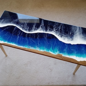 Ocean Wave Resin Side Table: Beach Themed Nautical Wood End Table