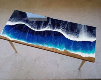 Ocean Wave Resin Side Table, Beach Themed Wood Accent Table