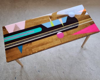 Eclectic Modern Resin Side Coffee Table, Vibrant Painted Unique Pop Art