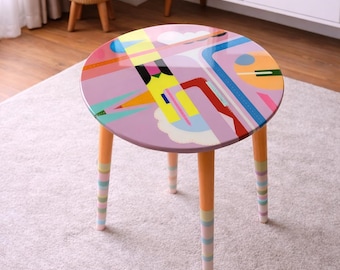 Funky salontafel van bohohars, ronde houten accenttafel