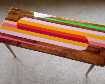 Vibrant Epoxy Resin Colorful Side End Table, Rainbow Funky Groovy Retro Modern Unique Eclectic Abstract Sofa Art Design Psychedelic Table