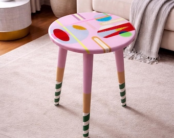 Handgeschilderde harssalontafel, rozeblauwe abstracte geometrische kunst, boho-eclectische stijl