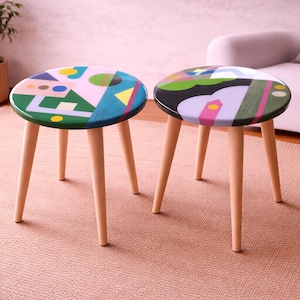 Mesa de centro de resina moderna, arte abstracto colorido, mesa auxiliar de madera