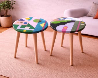 Funky Resin Coffee Table, Colorful Abstract Art, Wooden Side Table