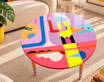 Funky Boho Resin Pink Coffee Table, Round Wood Accent Furniture