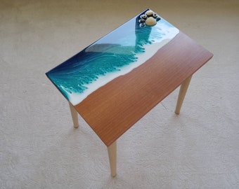 Ocean Wave Resin Narrow Side End Coffee Table, Unique Wooden Entryway Living Room Bedside Bedroom Nautical Beach Themed Blue Seashells Table