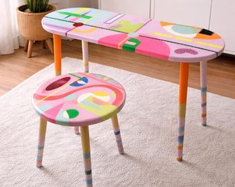 Hand Painted Resin Coffee Table Set, Pink Abstract Art, Modern Boho Decor