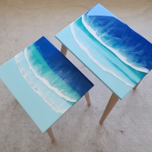 Wood Tropical Ocean Wave Resin Hawaii Beach Coffee Tables,Natural Handmade Coastal Cool House Decor Center Sea Side End Cute Epoxy Art Table