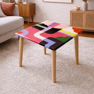 Colorful Abstract Resin Side Table, Painted Handmade Epoxy Retro Art