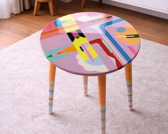 Funky salontafel van bohohars, ronde houten accenttafel