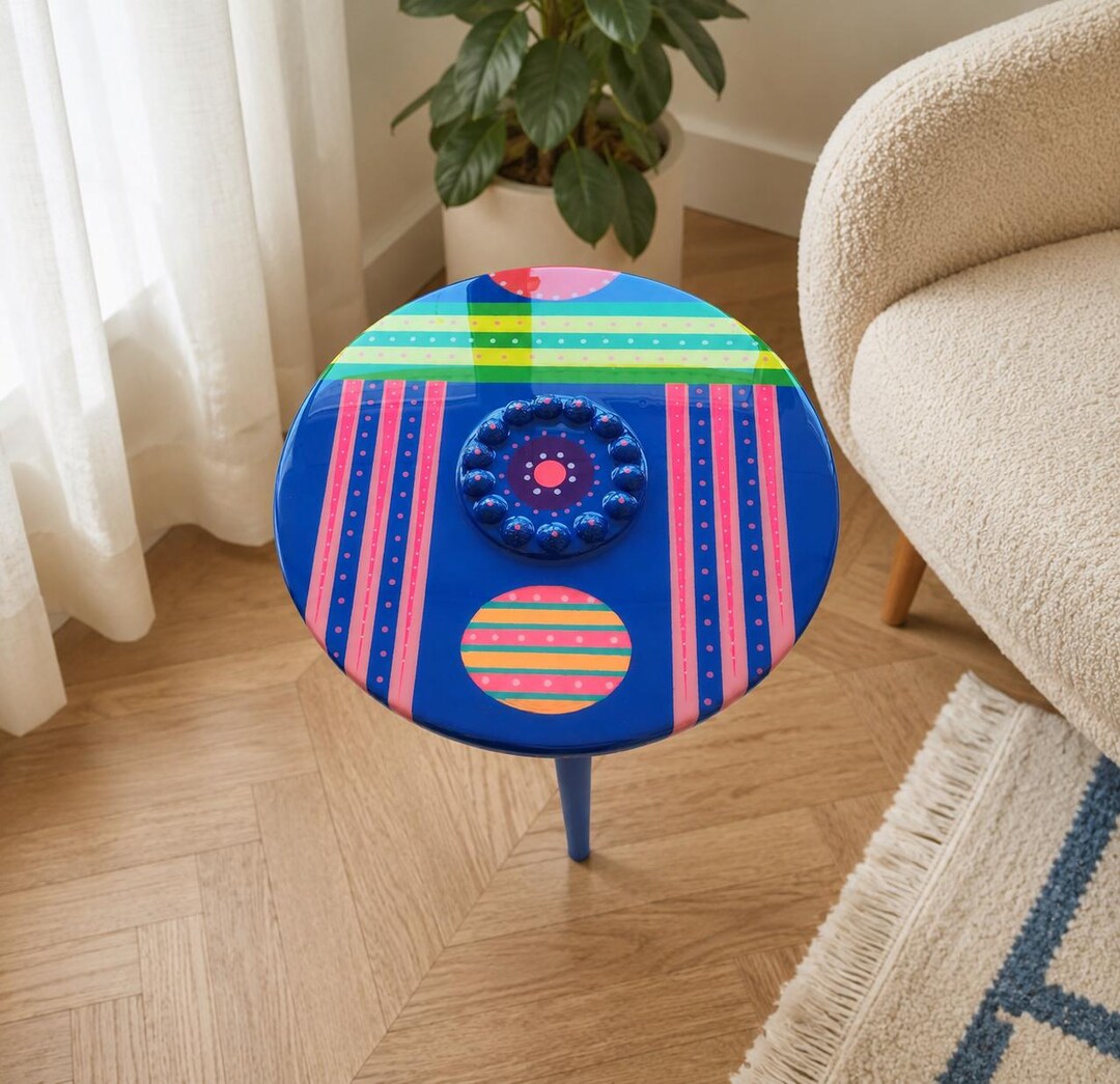 Colorful Memphis Style Resin Side Table, Artistic Blue Accent Table - Etsy