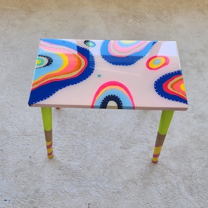 Handmade Resin Wood Side Table: Pink Abstract Boho Coffee Table