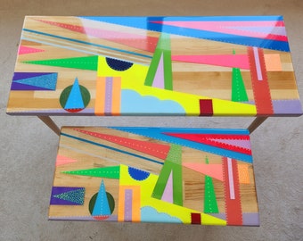 Handmade Wooden Side Tables, Colorful Neon Abstract Resin Art (Set of 2)