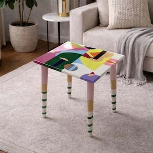 Boho Resin Coffee Table: Small Square Wood Side Table, Abstract Art