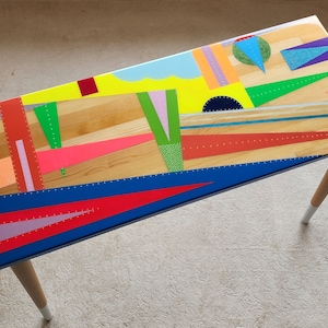 Colorful Funky Abstract Vintage Resin Table, Groovy Vibrant Wood Rainbow Pink Retro End Side Living Room Cool Epoxy Center Art Coffee Table