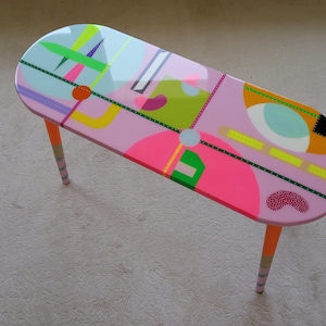 Unusual Pink Funky Colorful Side Narrow Resin Coffee Table, Maximalist Eclectic Abstract Cool Neon Painted Leg Epoxy Cute Boho Pop Art Table