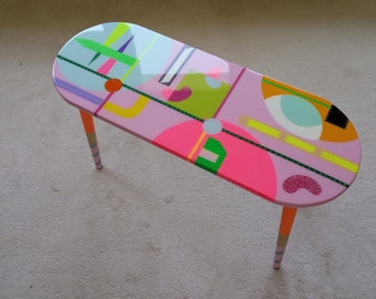 Unusual Pink Funky Colorful Side Narrow Resin Coffee Table, Maximalist Eclectic Abstract Cool Neon Painted Leg Epoxy Cute Boho Pop Art Table