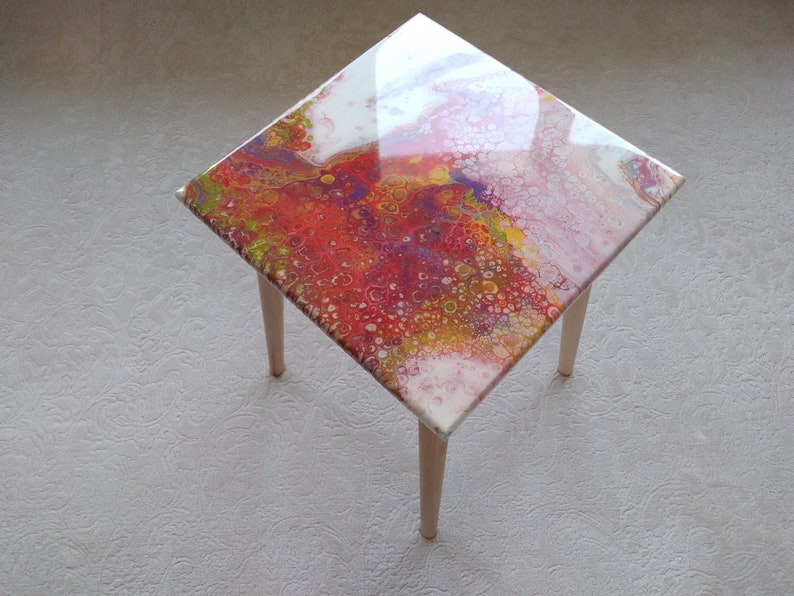 Small Wood Side Sofa Resin Coffee Table, Modern Unique Wooden Sofa End Epoxy Table, Living Room Bedside Colorful Abstract Art Coffee Table image 1