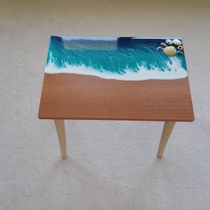 Ocean Wave Resin Coffee Table: Nautical Seashells, Wooden Side Table