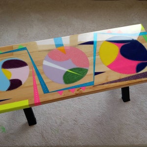 Colorful Funky Abstract Resin Boho Bench, Wooden Living Room Bedroom Bedside Entryway Modern Unique Pop Art Live Edge Cool Epoxy Side Bench