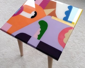 Square Small Colorful Resin Side Coffee Table,Epoxy Unique Purple Orange Wood Wooden End Sofa Living Room Bedside Abstract Fun Art Furniture
