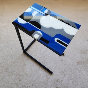 Wooden C Shape Colorful Side End Resin Coffee Table With Metal Legs, Geometric Abstract Living Room Couch Table Blue LapTop Stand Art Table image 3