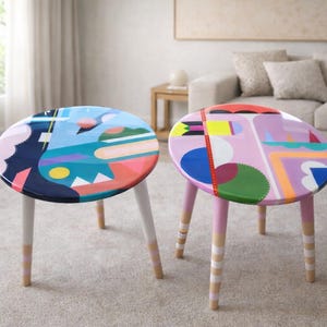 Handmade Resin Coffee Tables: Colorful Abstract Pop Art Wooden Side Table Set