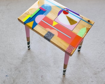 Handmade Wooden Resin Side Table, Pink Boho Epoxy Art