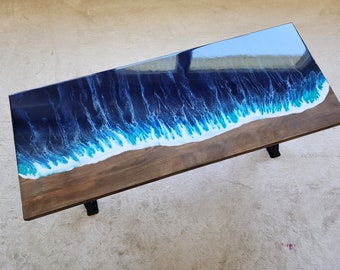 Ocean Wave Beach Themed Blau Epoxidharz Beistelltisch mit Metallbeinen, HolzNatürliche Wohnzimmer Schlafzimmer Eingangsbereich Cool End Sea Couchtisch