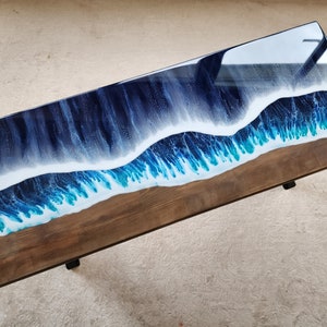 Epoxy Resin Ocean Wave Side Table: Beach Themed Wood End Table