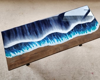 Epoxy Resin Ocean Wave Side Table: Beach Themed Wood End Table