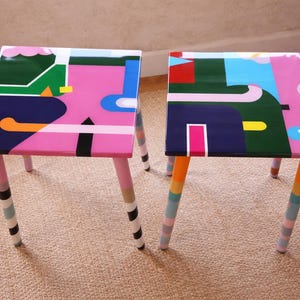 Handmade Colorful Abstract Resin Coffee Tables: Boho Wooden Side Table Set