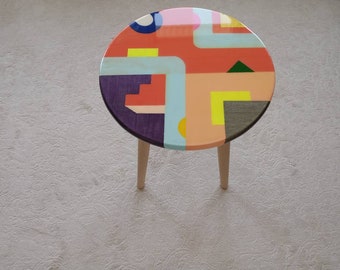 Handmade Abstract Colorful Side Coffee Table, Epoxy Resin Unique Wooden Living Room Bedside Entryway Cool Sofa End Center Pink Art Fun Table