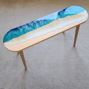 Oval Epoxy Resin Ocean Waves Side Coffee Table, Natural Beach House Decor Blue Coastal Nautical Sea Themed Entryway Bedside Bedroom Table image 1