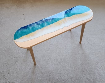 Oval Epoxy Resin Ocean Waves Side Coffee Table,  Natural Beach House Decor Blue Coastal Nautical Sea Themed Entryway Bedside Bedroom Table