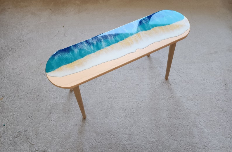 Oval Epoxy Resin Ocean Waves Side Coffee Table, Natural Beach House Decor Blue Coastal Nautical Sea Themed Entryway Bedside Bedroom Table image 1