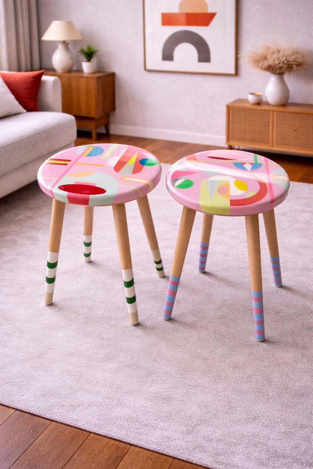 Modern Small Pink Resin Side Tables, Round Wood Boho Epoxy Abstract Art ...