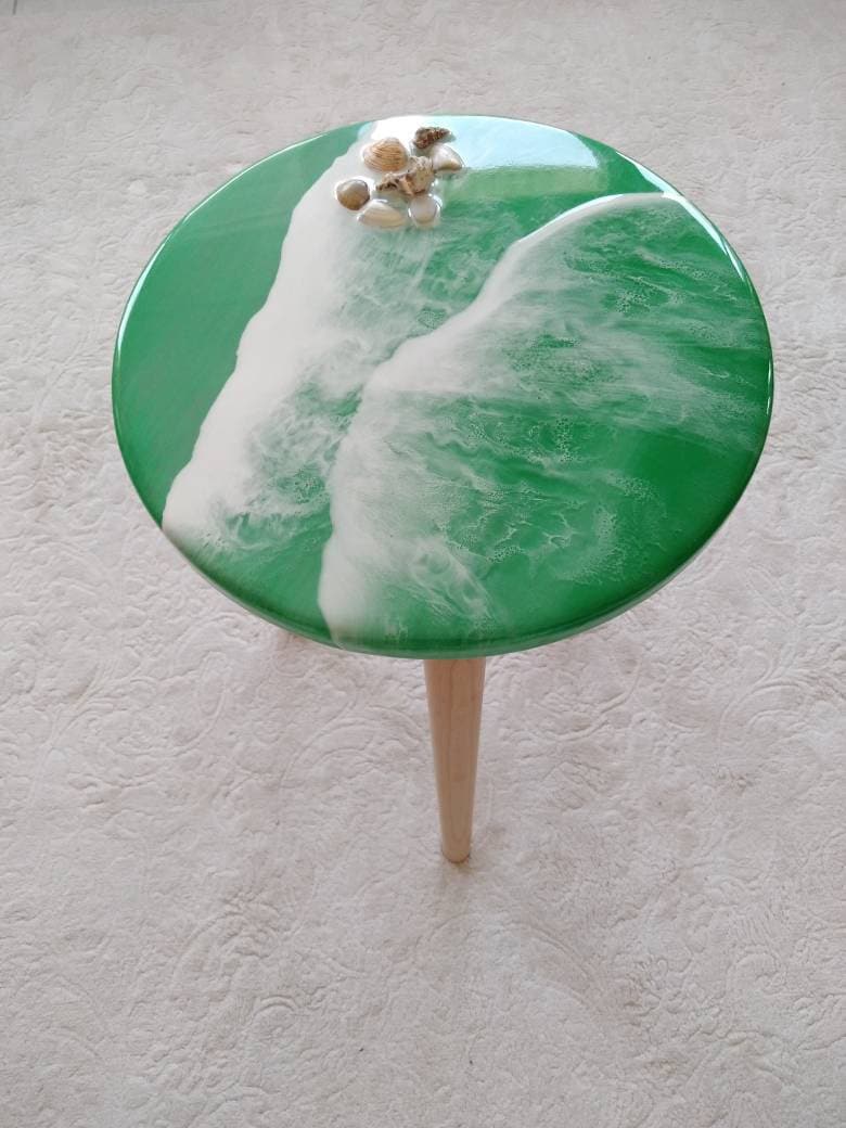 Round Small Resin Ocean Wave Coffee Table Green Modern Wooden Etsy