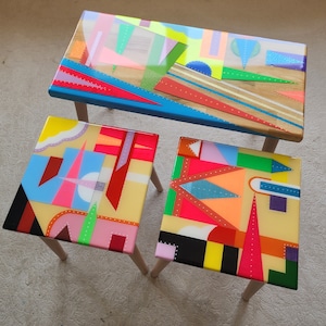 Hand Painted Pop Art Nesting Tables: Funky Resin Coffee Tables (Set of 3)