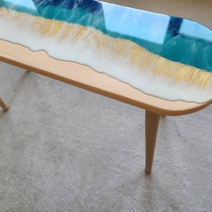 Oval Epoxy Resin Ocean Waves Side Coffee Table, Natural Beach House Decor Blue Coastal Nautical Sea Themed Entryway Bedside Bedroom Table image 3