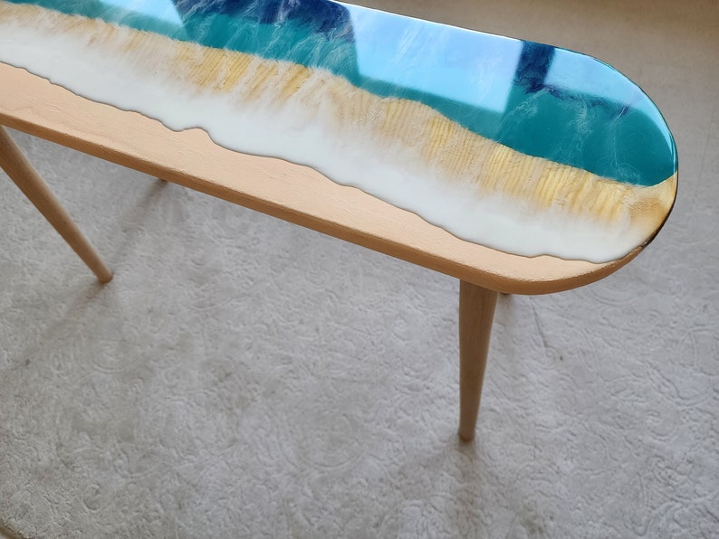 Oval Epoxy Resin Ocean Waves Side Coffee Table, Natural Beach House Decor Blue Coastal Nautical Sea Themed Entryway Bedside Bedroom Table image 3