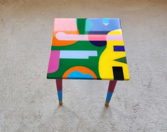Square Colorful Funky Abstract Boho Resin Table,Pink Green Groovy Vibrant Wood Rainbow Retro Hippi End Side Cool Luxury Center Coffee Table